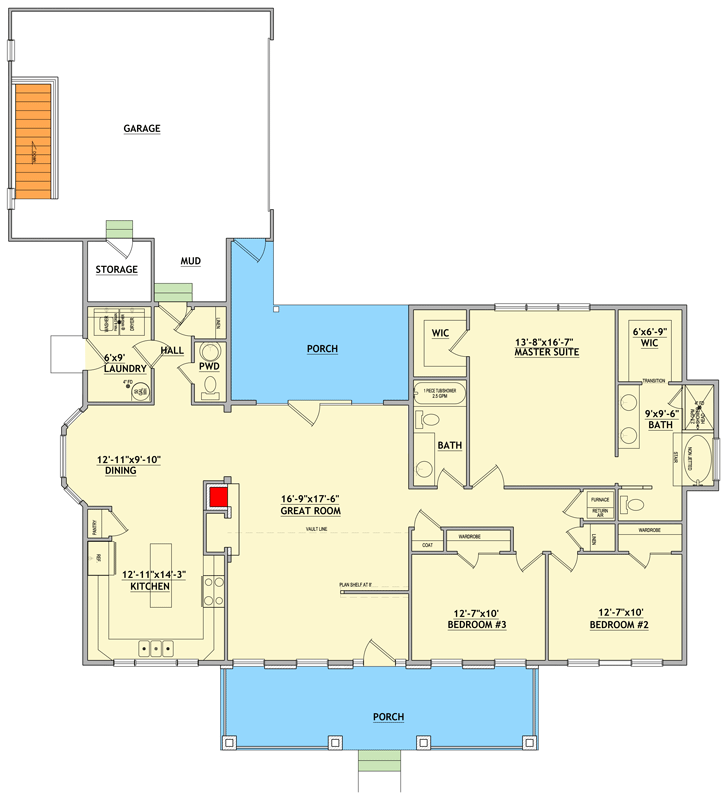 Plan 849172PGE: Three Bedroom Farmhouse House Plan with Rear Entry Garage - Floor Plan - Main Level - Country, Farmhouse, New American, Traditional