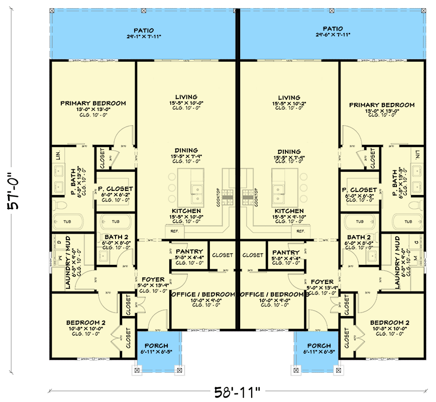 Plan 850058PKE: Farmhouse Style Duplex House Plan with Three Bedrooms - Floor Plan - Image #9 - Country, Farmhouse, Ranch