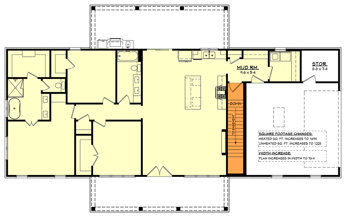 Plan 52060HZ: Barndominium Farmhouse House Plan Featuring Three Bedrooms and Covered Porches - Floor Plan - Basement Stairs Location - Barndominium, Country, Farmhouse, Traditional