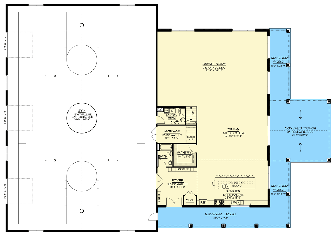 Plan 135472GRA: Contemporary Barndominium House Plan with Sport Court and Wraparound Porch - Floor Plan - Main Level - Barndominium, Contemporary, Modern