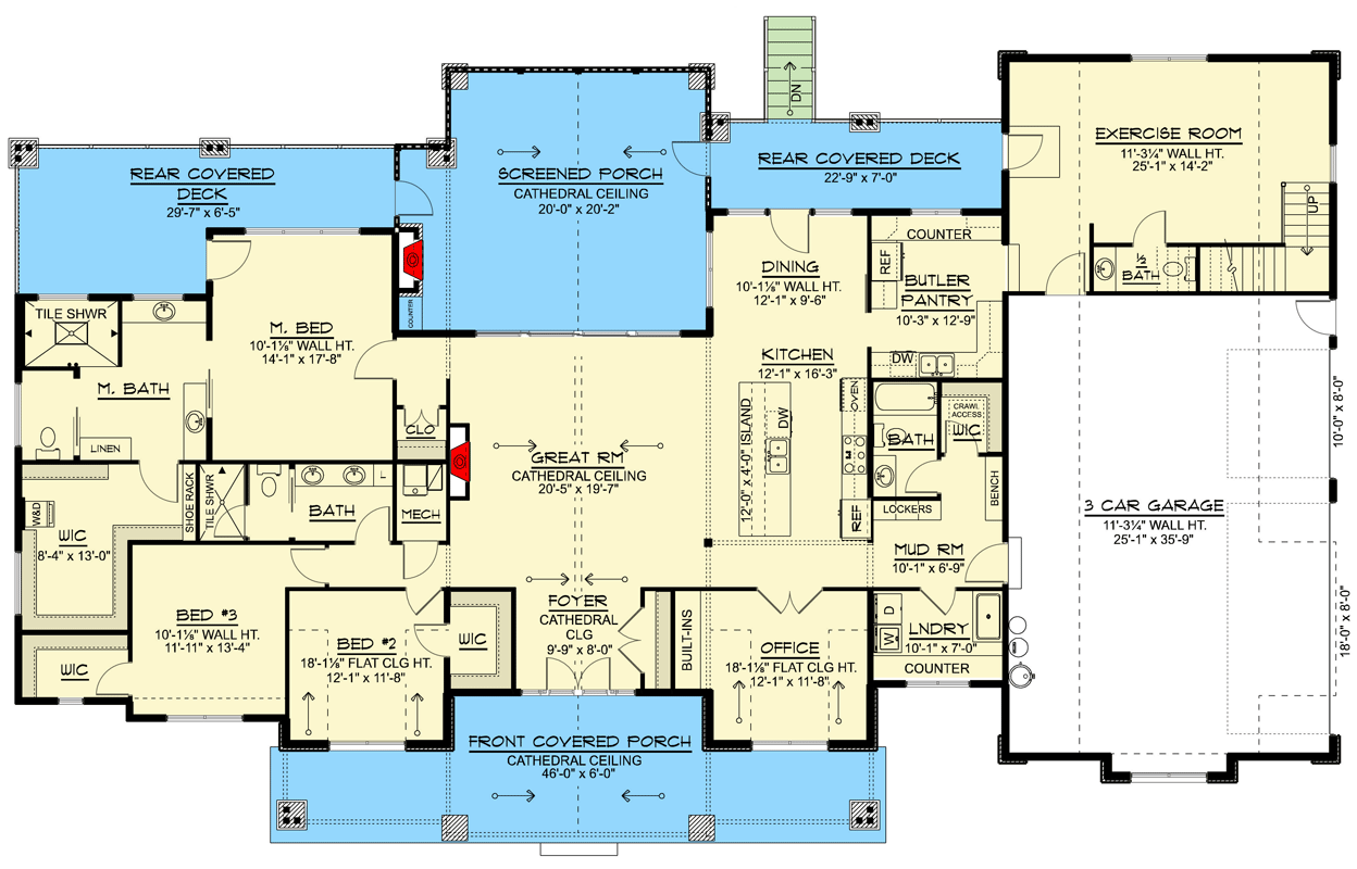 Plan 135473GRA: Spacious Farmhouse House Plan with Three Bedrooms and Expansive Bonus Room - Floor Plan - Main Level - Country, Craftsman, Farmhouse, New American, Traditional, Transitional