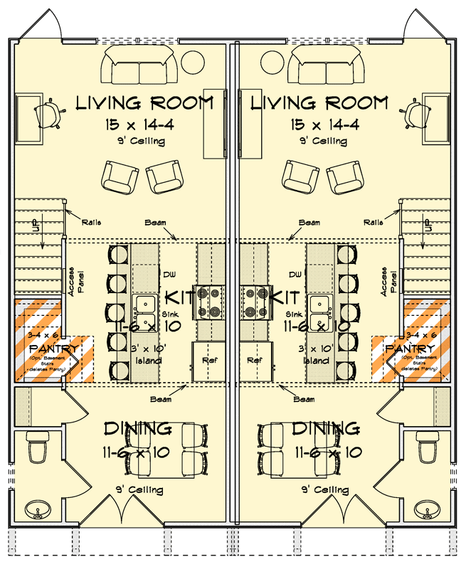 Plan 52593WM: Craftsman Duplex House Plan with Two Bedrooms and Two Bathrooms - Floor Plan - Main Level - Craftsman, Traditional