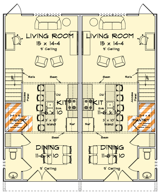 Plan 52594WM: Contemporary Two-Story Multifamily House Plan with Two Bedrooms - Floor Plan - Main Level - Contemporary, Modern, Victorian