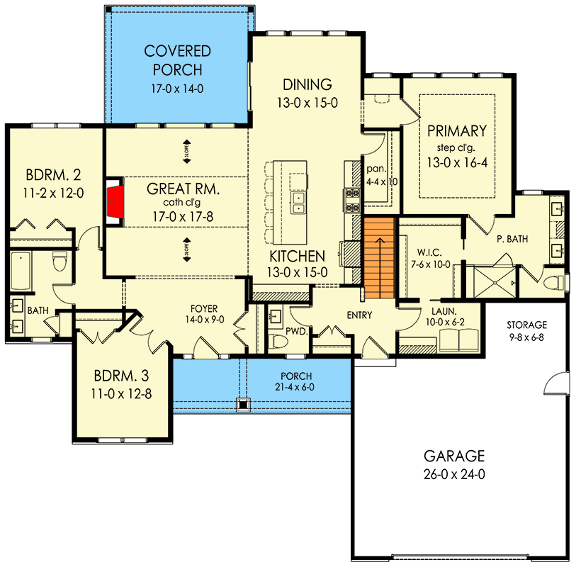 Plan 790186GLV: Three Bedroom New American House Plan with Split Bedroom Layout - Floor Plan - Image #3 - Country, Craftsman, Farmhouse, New American, Traditional