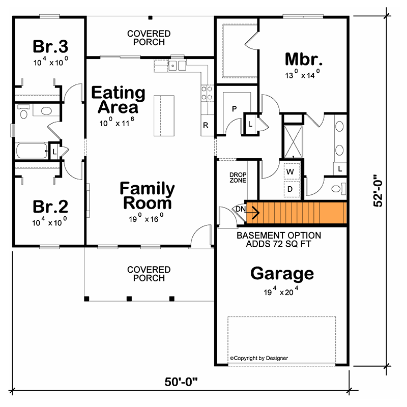 Plan 42783DB: Modern New American House Plan with Three Bedrooms and Two Baths - Floor Plan - Basement Stairs Location - Craftsman, Farmhouse, Modern Farmhouse, New American, Ranch