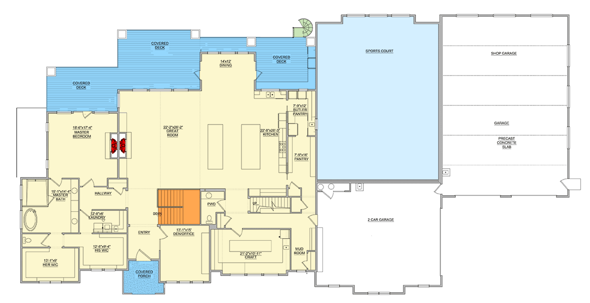 Plan 849181PGE: European House Plan with Sport Court and Expansive Garage - Floor Plan - Main Level - European, French Country, New American, Traditional