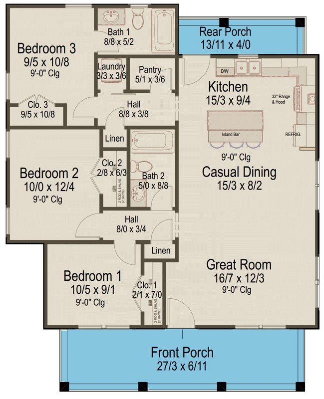 Plan 54078LK: Simple 3-Bedroom Country Cottage House Plan - Floor Plan - Image #3 - Cabin, Cottage, Country