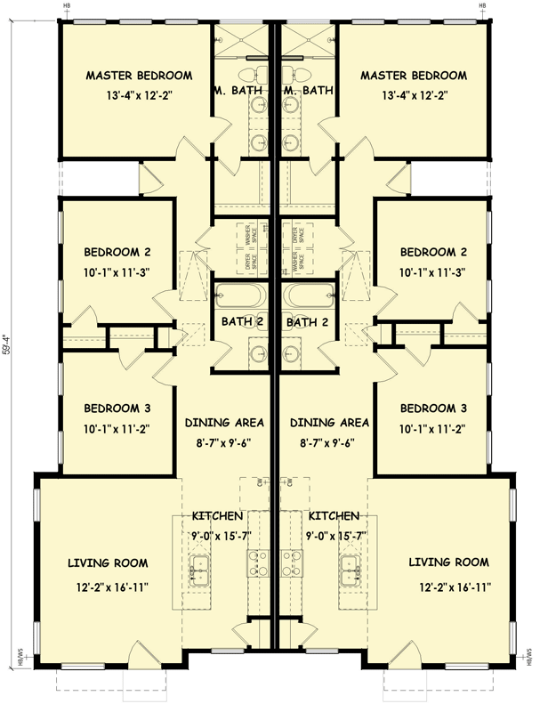 Plan 100378GHR: Contemporary Duplex House Plan Featuring Two Units with Three Bedrooms Each - Floor Plan - Image #8 - Contemporary, Modern