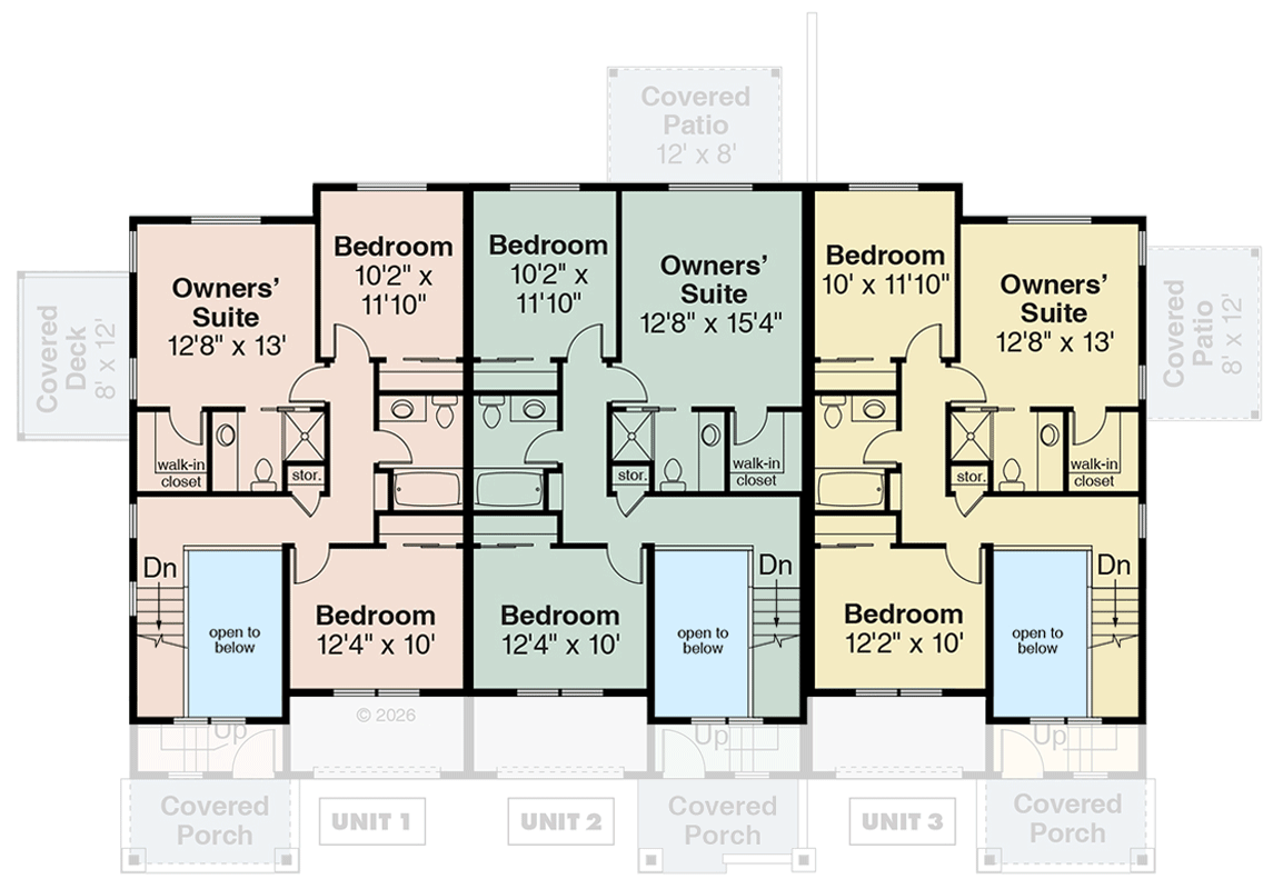 Plan 720201DA: Contemporary Three Bedroom Multi-Family House Plan with Attached Garages - Floor Plan - 2nd Level - Contemporary, Country, Craftsman, Traditional