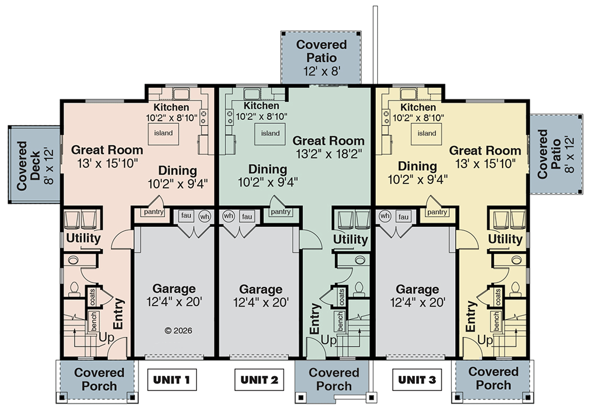 Plan 720201DA: Contemporary Three Bedroom Multi-Family House Plan with Attached Garages - Floor Plan - Main Level - Contemporary, Country, Craftsman, Traditional