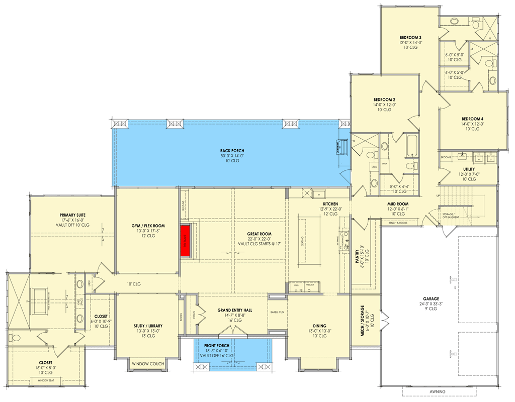 Plan 818225JSS: Modern Mountain Farmhouse House Plan with Four Bedrooms and Bonus Room - Floor Plan - Main Level - Farmhouse, Modern Farmhouse, Mountain, Rustic