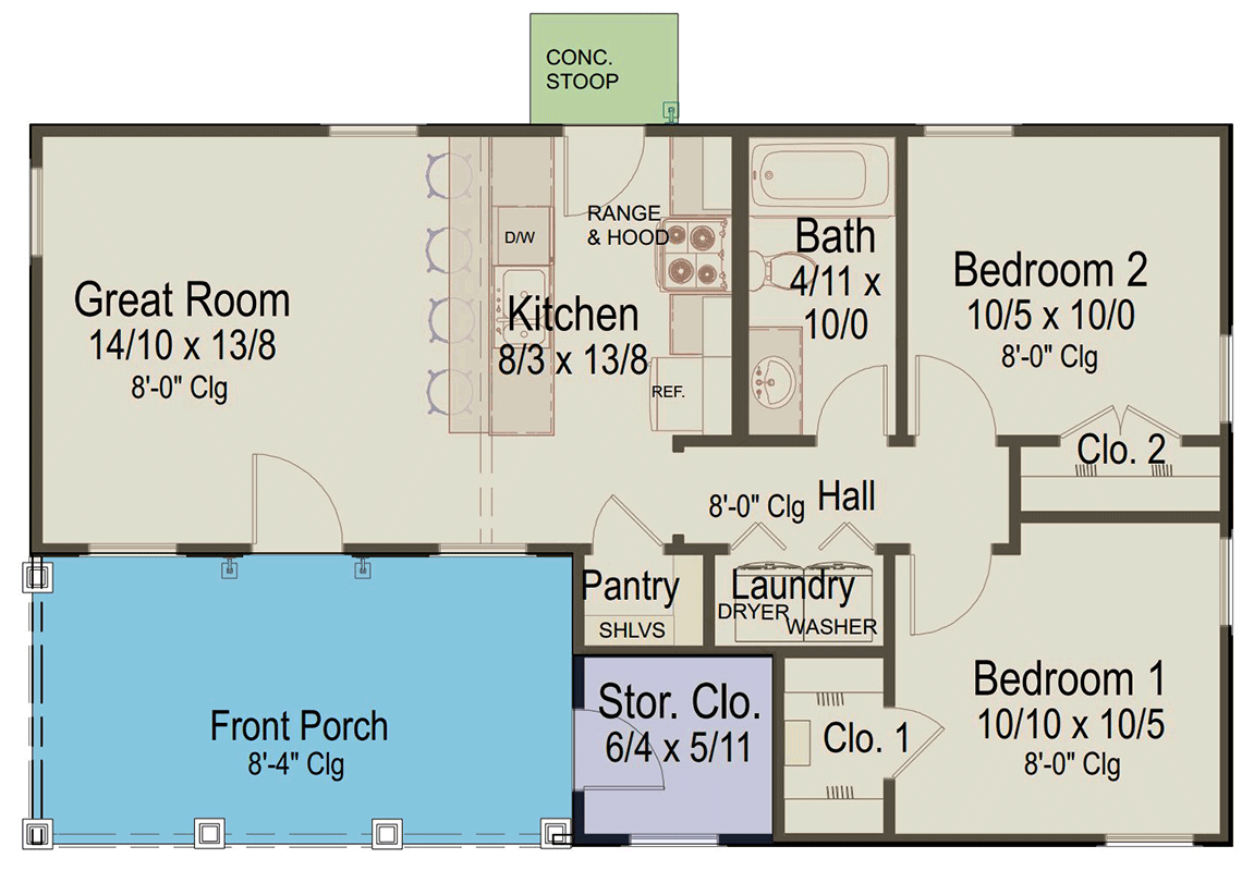 Plan 54080LK: Charming Two Bedroom Modern Farmhouse Cottage House Plan - Floor Plan - Image #4 - Cottage, Modern Farmhouse, New American, Traditional