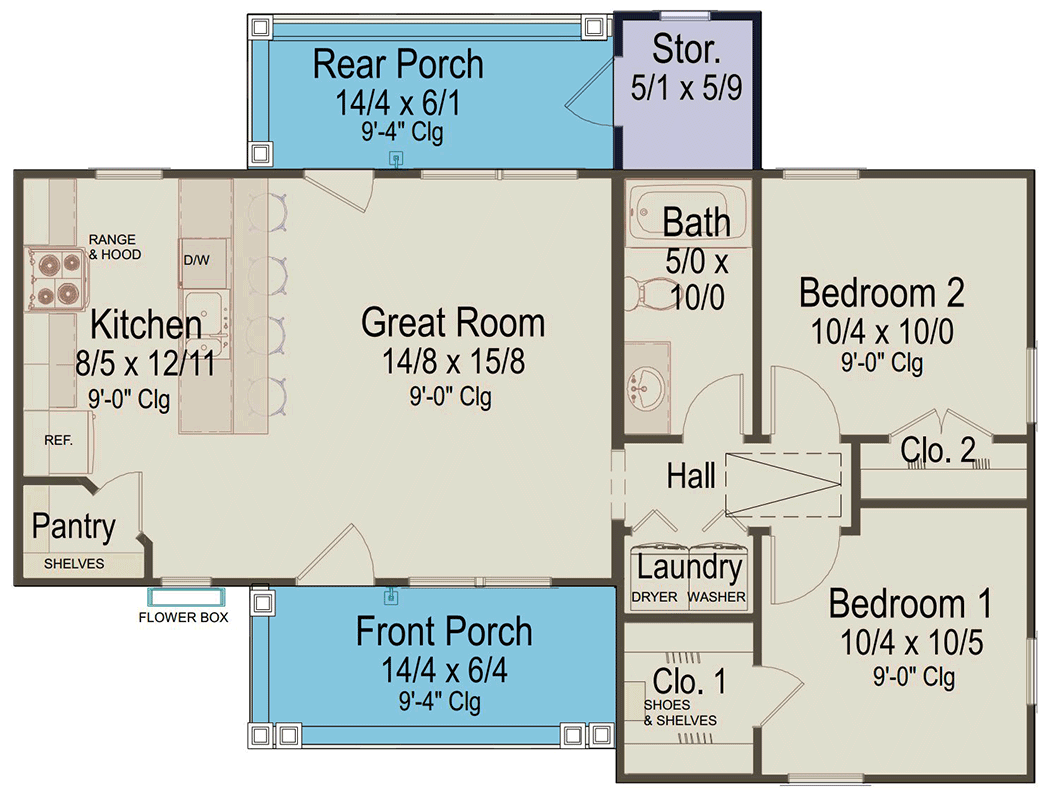 Plan 54081LK: 2-Bedroom New American Cottage Plan with Covered Front and Rear Porches - Floor Plan - Image #5 - Cottage, New American, Ranch, Traditional