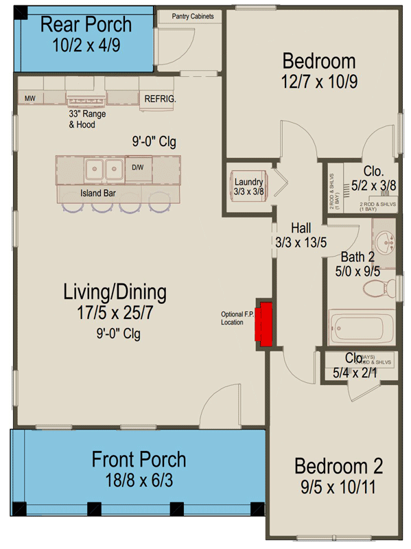 Floor plan showing living/dining, island bar, two bedrooms, two baths, laundry, and front/rear porches.