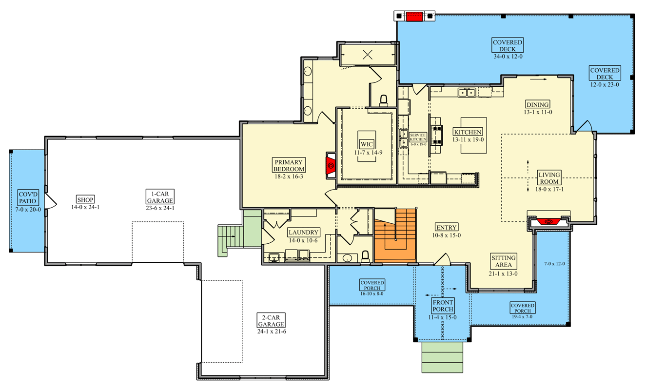 Plan 95396RW: Modern Mountain Ranch House Plan with Three Bedrooms and Wraparound Porch - Floor Plan - Main Level - Modern, Mountain, Ranch
