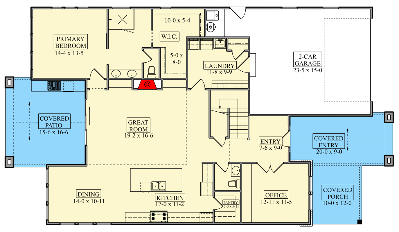 Plan 95402RW: Modern Transitional House Plan Featuring Four Bedrooms and Attached Garage - Floor Plan - Main Level - Farmhouse, Modern Farmhouse, New American, Transitional