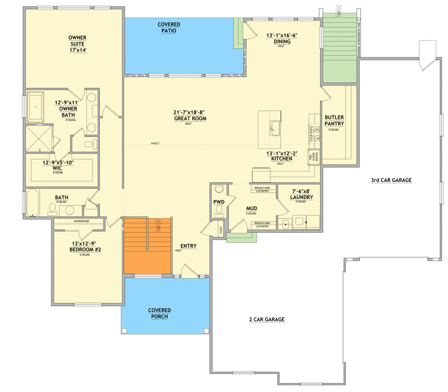 Plan 849184PGE: Spacious Country Farmhouse House Plan with Three Car Garage - Floor Plan - Main Level - Country, Craftsman, Farmhouse, Ranch, Traditional