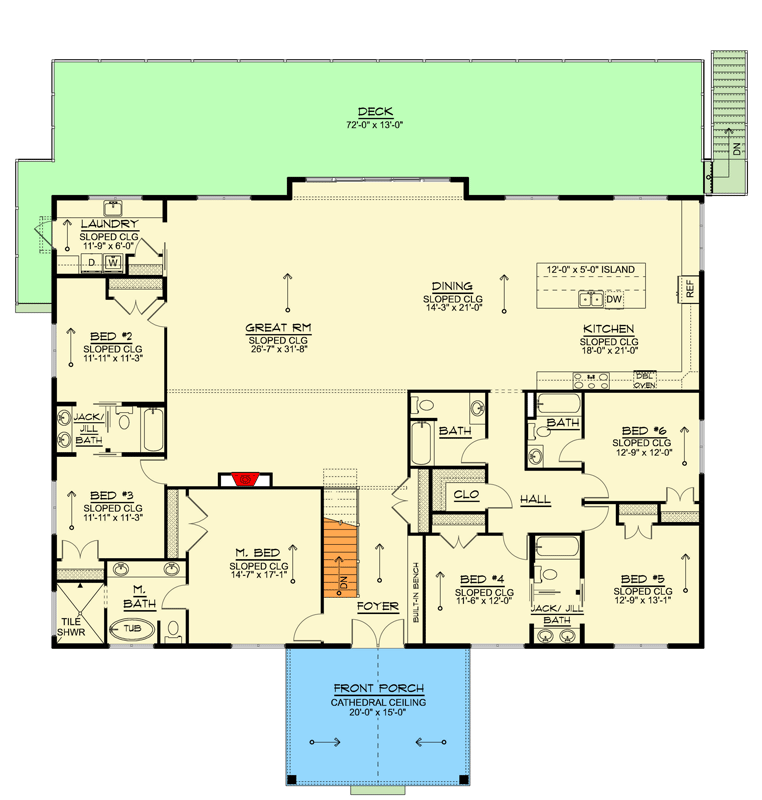 Plan 135481GRA: Modern New American House Plan with Six Bedrooms and Expansive Deck - Floor Plan - Main Level - Contemporary, Country, Craftsman, Modern, New American