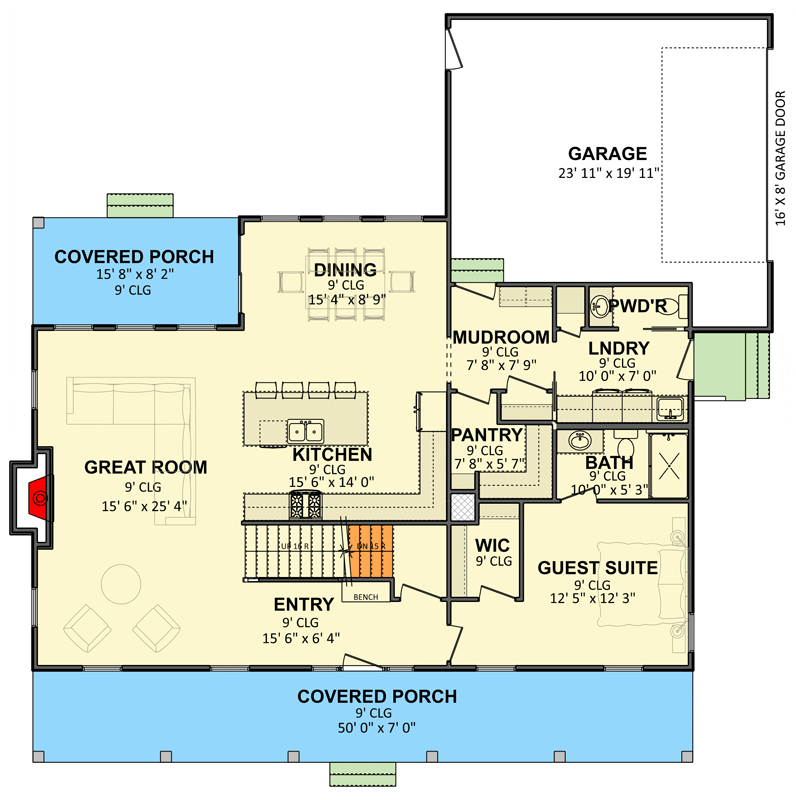 Plan 911082JVD: Five Bedroom Farmhouse House Plan with Inviting Front Porch - Floor Plan - Main Level - Cottage, Country, Craftsman, Farmhouse, Traditional
