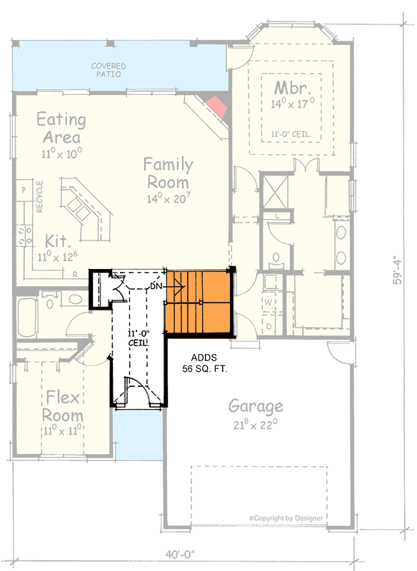 Plan 40543DB: Traditional Ranch House Plan with 2 Bedrooms and a Flex Room - Floor Plan - Basement Stairs - Ranch, Traditional
