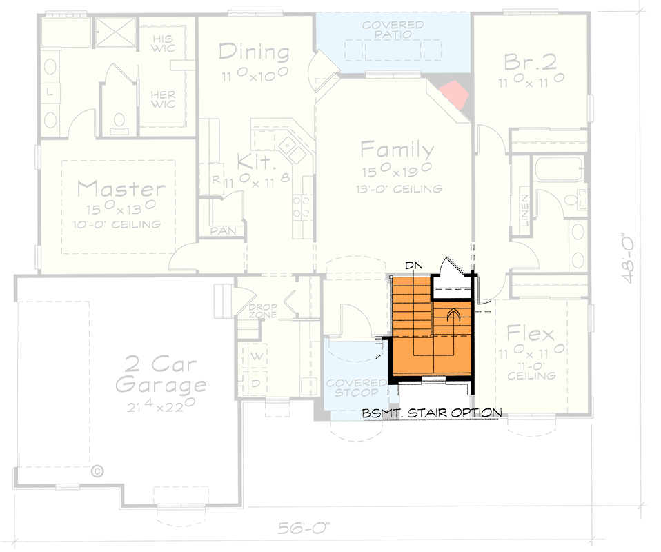 Plan 40879DB: 1672 Square Foot European Ranch House Plan with Split Bedroom Layout - Floor Plan - Basement Stairs Location - European, Ranch