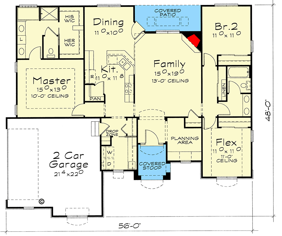 Plan 40879DB: 1672 Square Foot European Ranch House Plan with Split Bedroom Layout - Floor Plan - Main Level - European, Ranch