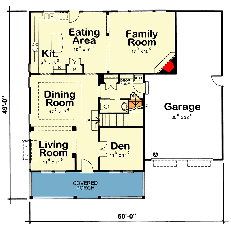 Plan 40919DB: Country Farmhouse House Plan with Loft and Upstairs Laundry - Floor Plan - Main Level - Country, Farmhouse