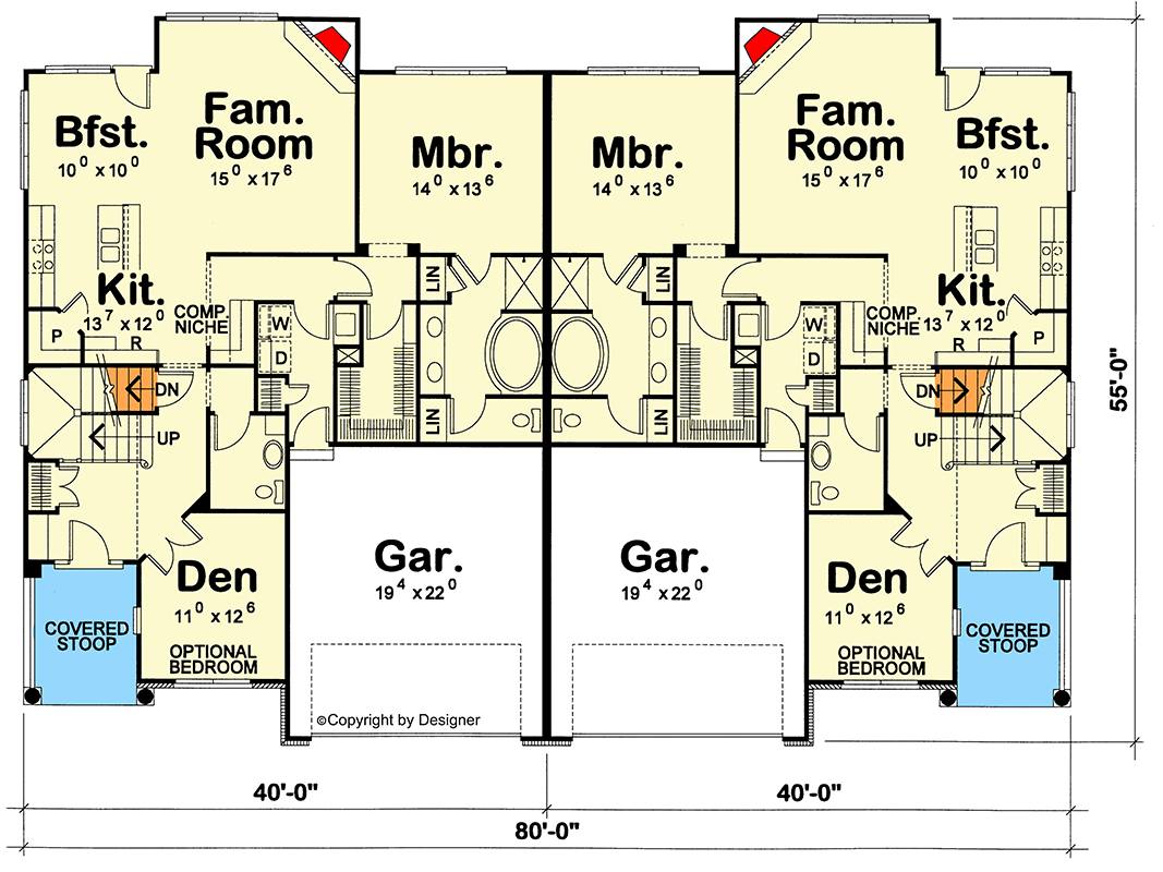 Plan 41863DB: Craftsman Duplex House Plan - Floor Plan - Main Level - Craftsman, Traditional