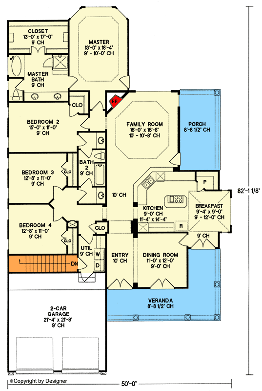 Plan 41958DB: 4-Bed House Plan with Clustered Bedrooms and an L-Shaped Veranda - Floor Plan - Main Level - Country, Farmhouse