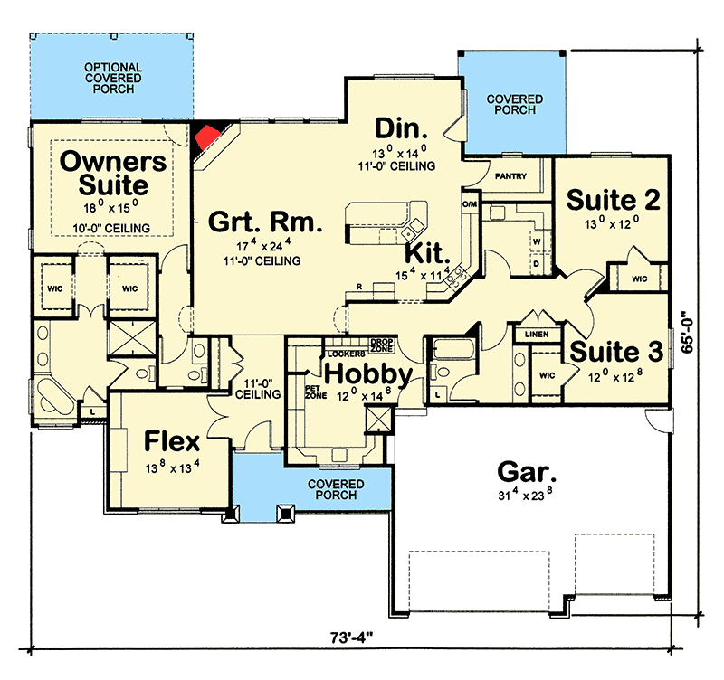 Plan 42218DB: Craftsman Ranch House Plan with 3 Bedrooms and 3-Car Garage - Floor Plan - Main Level - Craftsman, Modern Farmhouse, Ranch, Traditional