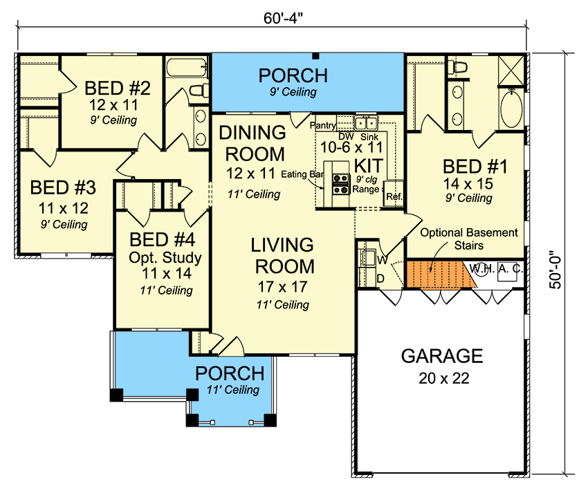 Plan 42241WM: Four Bedrooms or Three - Floor Plan - Main Level - Ranch, Traditional