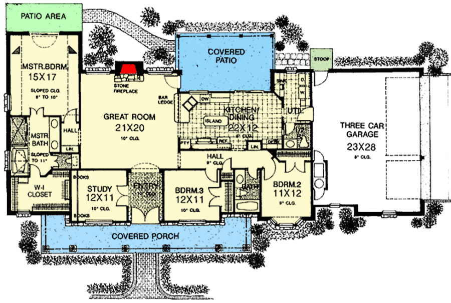 Plan 48084FM: 3 Bed Home Plan House Plan with Multiple Exteriors - Floor Plan - Main Level - Southern, Traditional