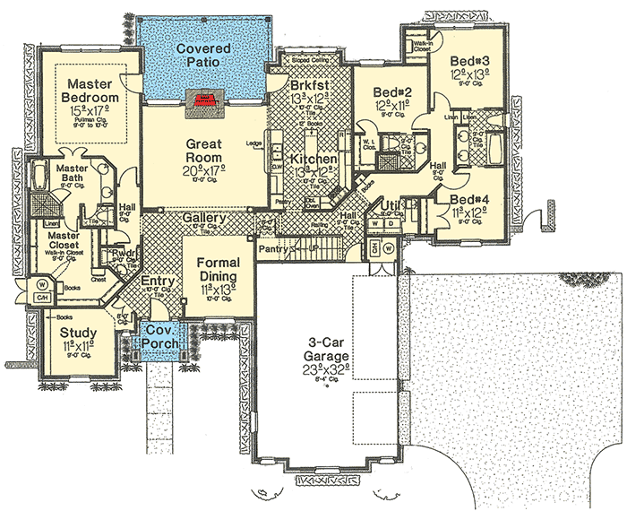 Plan 48189FM: 4 Bed 3 Bath European-Style House Plan with 3-Car Garage - 2760 Sq Ft - Floor Plan - Main Level - European, Traditional