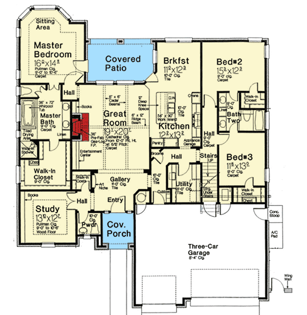 Plan 48472FM: Vaulted and Beamed Great Room - Floor Plan - Main Level - European, French Country