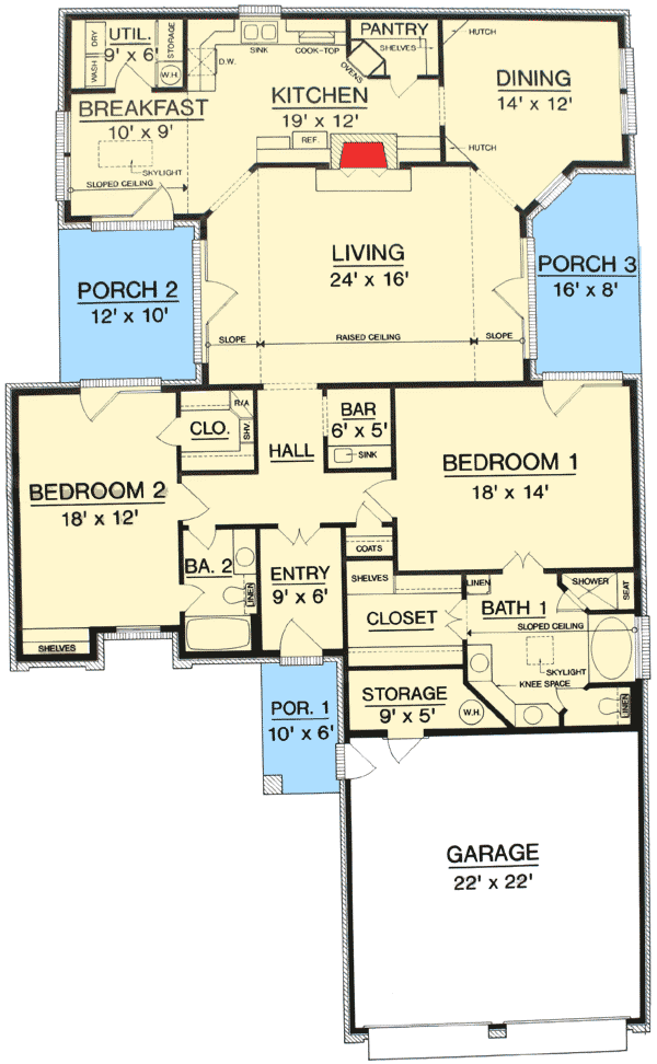 Plan 55177BR: Three Porches and Energy Savings - Floor Plan - Main Level - Southern