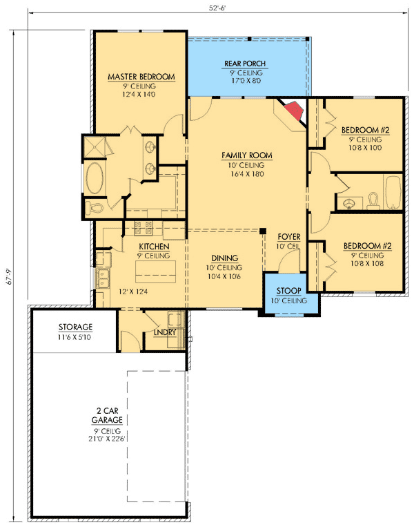 Plan 56324SM: French Country Starter Home - Floor Plan - Main Level - Acadian, European, French Country, Louisiana-Style, Southern