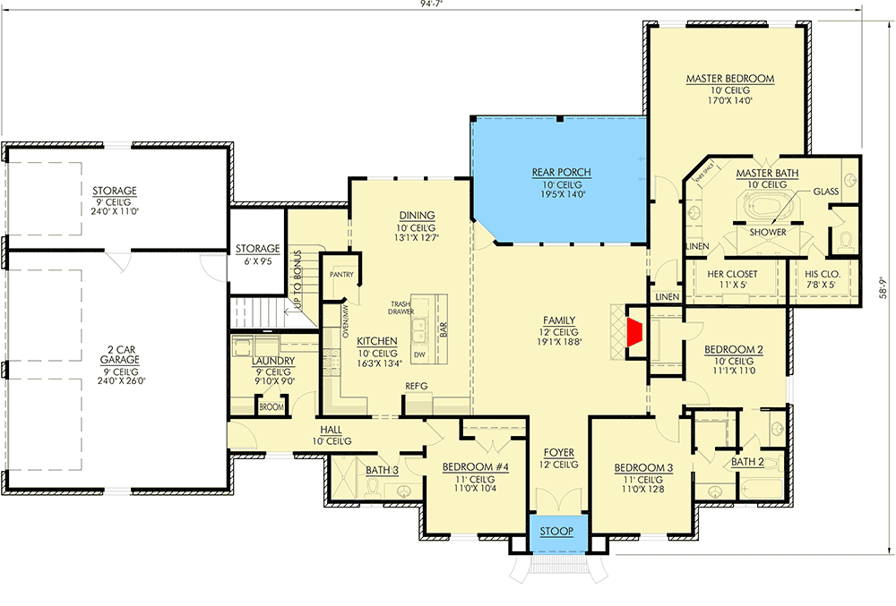 Plan 56326SM: 4 Bed French Country With Bonus - 2497 Sq Ft - Floor Plan - Main Level - Acadian, European, French Country, Louisiana-Style