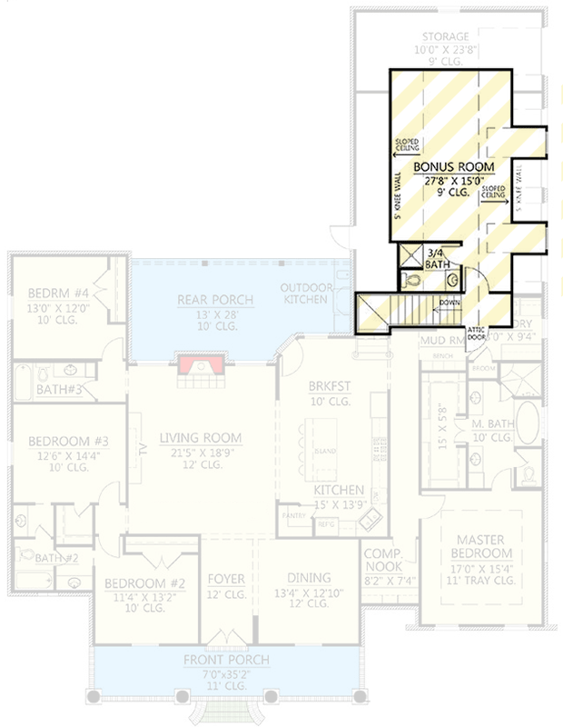 Plan 56378SM: 3 Bed Acadian House Plan With Optionally Finished Bonus Room Over Garage - Floor Plan - Bonus - Acadian, French Country, Louisiana-Style, Southern