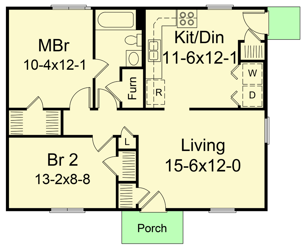 Plan 57055HA: Efficient 800 Square Foot 2-Bedroom Traditional Ranch House Plan - Floor Plan - Main Level - Ranch, Traditional