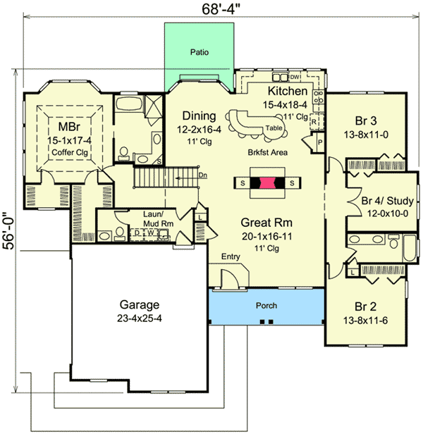 Plan 57262HA: Three or Four Bedrooms - Floor Plan - Main Level - Ranch, Traditional