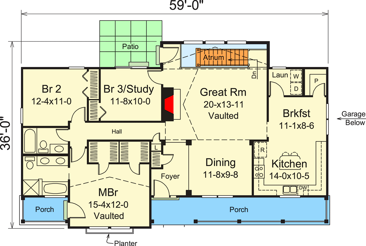 Plan 57275HA: Two Porches and an Atrium - Floor Plan - Main Level - Country, Traditional