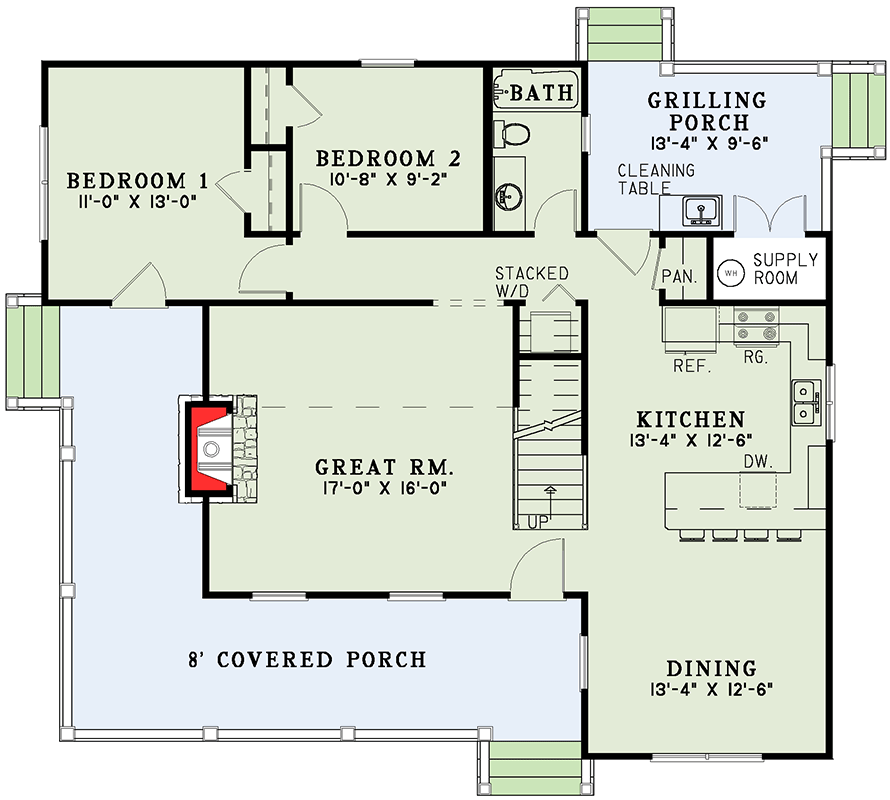 Plan 59155ND: Charming Cottage with Wrap Around Porch and Loft - Floor Plan - Main Level - Cottage, Country, Mountain, Rustic, Vacation