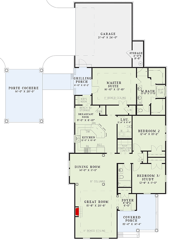 Plan 59283ND: Charming Southern Country House Plan with Porte Cochere and Main-Level Master - Floor Plan - Main Level - Country, Southern