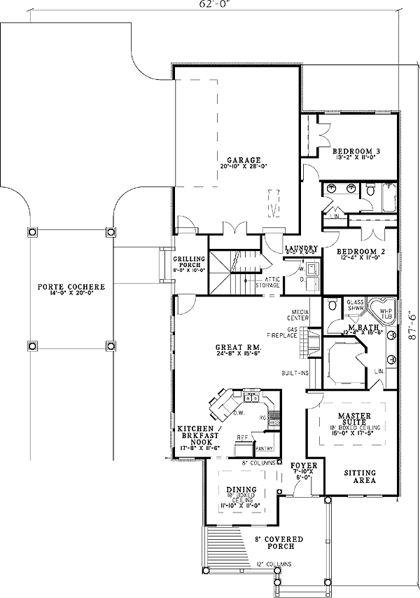 Plan 59289ND: 3-Bed Home Plan with Porte Cochere Attached - Floor Plan - Main Level - Country, Craftsman, Southern
