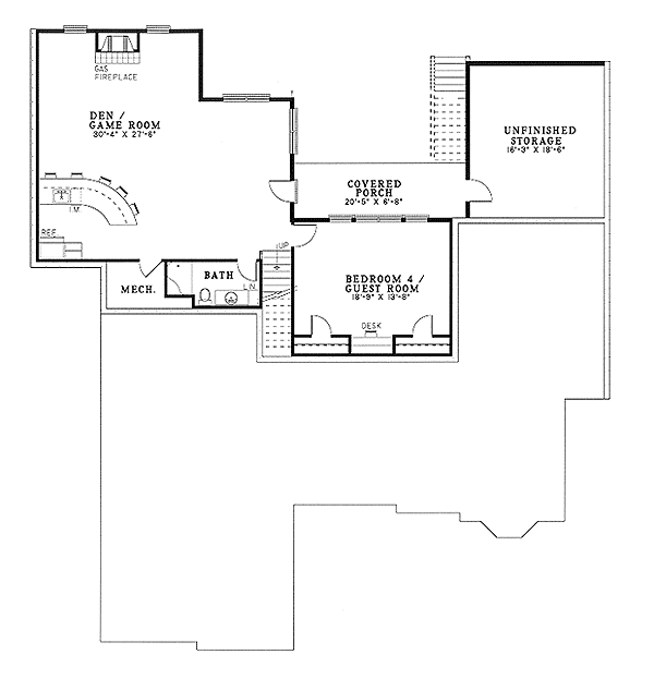 Plan 59427ND: Brick Split Bedroom House Plan - Floor Plan - Basement - Traditional