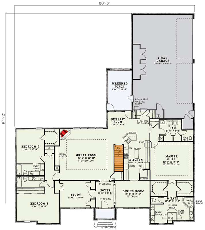 Plan 59449ND: Elegant Traditional Ranch House Plan with 4-Car Garage and Game Room - Floor Plan - Main Level - Ranch, Traditional