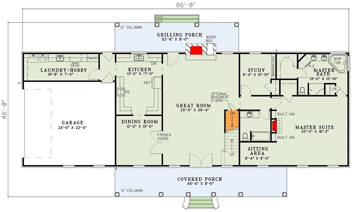 Plan 59466ND: Southern Country House Plan with Main Floor Master Suite - Floor Plan - Main Level - Country, Southern