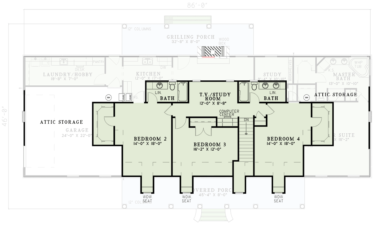 Plan 59466ND: Southern Country House Plan with Main Floor Master Suite - Floor Plan - 2nd Floor - Country, Southern
