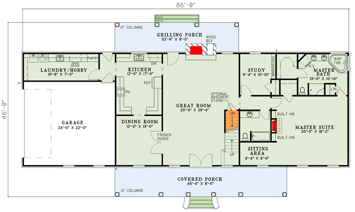 Plan 59467ND: Country House Plan with Main Floor Master Suite - Floor Plan - Main Level - Country
