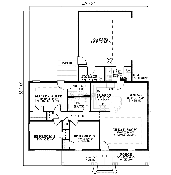 Plan 59635ND: Gracious Southern Style House Plan with 3 Bedrooms - 1235 Sq Ft - Floor Plan - Main Level - Southern